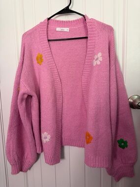 Pink Floral Embroidered Open Cardigan